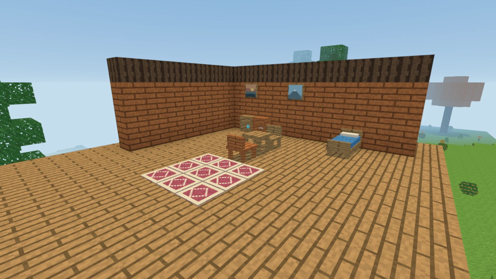 A player-built timber home with furniture, paintings, rugs, and a blue bed.