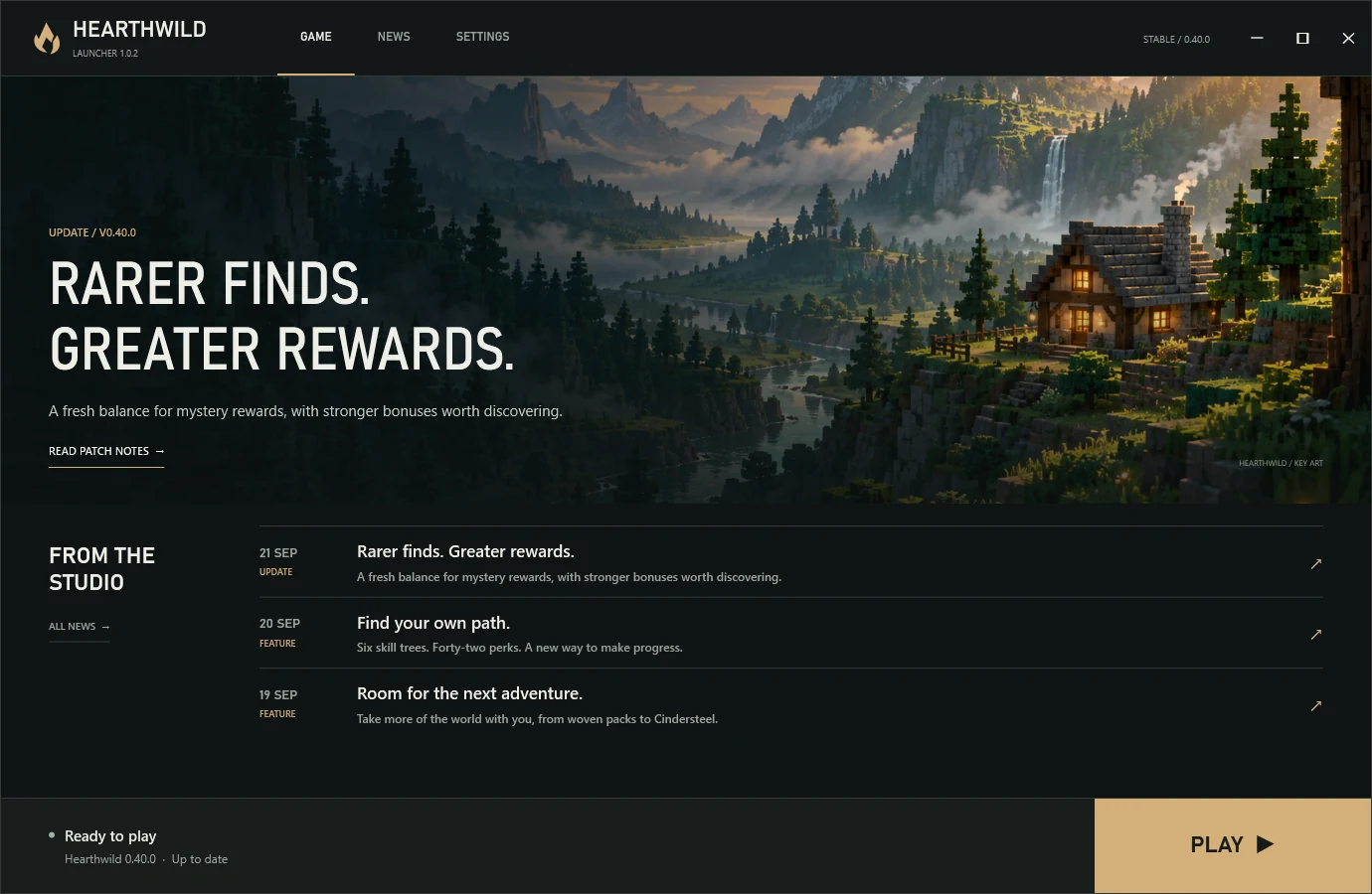 Hearthwild's desktop launcher showing the latest game update, studio news, and the Play button.
